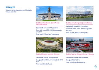 11
Estádio de Krestovsky (Zenit Arena) -
São Petersburgo
Capacidade para 69.501 torcedores
Contruído entre 2008 - 2016, inaugurado
em 2017.
Time local: FC Zenit San Petersburgo
Estádio de Kaliningrado (Arena Baltika)
Capacidade para 45.015 torcedores
Contruído entre 2014 - 2017, inaugurado
em 2017.
Time local: FC Baltika Kaliningrado
Estádio Olímpico Luzhniki - Moscou
Capacidade para 81.500 torcedores
Inaugurado em 1956, remodelado de 2014
a 2017.
Time local: Seleção Russa.
ESTÁDIOS
Os jogos serão disputados em 12 estádios
russos. São eles:
Estádio Spartak (Otkrytie Arena) - Moscou
Capacidade para 46.990 torcedores
Inaugurado em 2014.
Time local: Spartak de Moscou.
www.stadiumguide.com
 