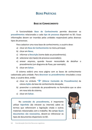 64 Coordenação-Geral de Recursos Logísticos
BOAS PRÁTICAS
BASE DE CONHECIMENTO
A funcionalidade Base de Conhecimento permite descrever os
procedimentos relacionados a cada tipo de processo disponível no SEI. Essas
informações devem ser inseridas pelas unidades responsáveis pelos diversos
tipos de processos.
Para cadastrar uma nova base de conhecimento, o usuário deve:
a) clicar em Base de Conhecimento no menu principal;
b) clicar em Nova;
c) informar a Descrição (nome dado ao procedimento);
d) selecionar o(s) tipo(s) de processo associado(s);
e) anexar arquivos, quando houver necessidade de detalhar o
procedimento (um diagrama de fluxo, por exemplo);
f) clicar em Salvar.
O sistema exibirá uma nova página com as bases de conhecimento
cadastradas pela unidade. Para descrever os procedimentos vinculados a essa
base, o usuário deve, então:
a) clicar no símbolo “ ” (Alterar Conteúdo do Procedimento) da
coluna Ações da base de conhecimento desejada;
b) preencher o conteúdo do procedimento no formulário que se abre
em nova tela do sistema;
c) clicar em Salvar.
No conteúdo do procedimento, é importante
utilizar hiperlinks (da intranet ou internet) sobre os
termos que referenciem a legislação citada e outros
materiais relacionados com o trabalho. No campo Quais
documentos são necessários, devem-se referenciar os
tipos de documentos disponíveis no SEI.
 