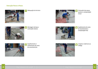 Conheça as regras para arrumar sua calçada30 Conheça as regras para arrumar sua calçada 31
Execução Passo-a-Passo
	 Adequação do terreno
	 Montagem da base e
contenções laterais
	 Espalhamento e
nivelamento de areia
de assentamento
1
2
3
	 Colocação das peças,
ajustes e compactação
inicial
	 Espalhamento de areia
de rejuntamento e
compactação final
	 Limpeza e abertura ao
tráfego
4
5
6
 