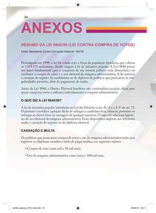 24
RESUMO DA LEI 9840/99 (LEI CONTRA COMPRA DE VOTOS)
Fonte: Movimento Contra Corrupção Eleitoral - MCCE
Promulgada em 1999, a lei foi criada com a força da população brasileira, que coletou
as 1.039.175 assinaturas, dando origem à lei de iniciativa popular. A Lei 9840 possui
um papel fundamental para a conquista de um sistema político mais democrático ao
combater a compra de votos e o uso eleitoral da máquina administrativa. A lei autoriza
a cassação do registro da candidatura ou do diploma de políticos que praticarem as irre-
gularidades previstas, além do pagamento de multa.
Antes da Lei 9840, o Direito Eleitoral brasileiro não contemplava punição eficaz para
quem comprava votos e utilizava indevidamente a máquina administrativa.
O que diz a Lei 9840/99?
A lei de iniciativa popular introduziu na Lei das Eleições o art. 41-A e o § 3º do art. 73.
O primeiro considera captação ilícita de sufrágio o candidato doar,oferecer,prometer ou
entregar ao eleitor bem ou vantagem de qualquer natureza. O segundo relaciona hipóte-
ses de uso eleitoral da máquina administrativa. Esses dispositivos impõem aos infratores
multa e cassação do registro ou do diploma eleitoral.
Cassação e multa
Os políticos que praticarem compra de votos e uso da máquina administrativa terão seus
registros ou diplomas cassados e terão de pagar multas, nos seguintes valores:
•	Compra de voto: entre mil e 50 mil reais;
•	Uso da máquina administrativa: entre cinco e 100 mil reais.
ANEXOS
cartilha_eleicao_2016_final.indd 24 20/09/16 23:41
 