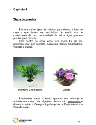 Capítulo 3
Tipos de plantas

Existem vários tipos de plantas para dentro e fora de
casa e que devem ser escolhidas de acordo com o
crescimento da raiz, necessidade de sol e água que ela
precisa para crescer.
Para dentro de casa, onde tem pouca luz do sol,
podemos usar, por exemplo, palmeiras Ráphis, Chamedoria,
Violetas e outras.

Palmeira Chamedoria

Violeta

Precisamos tomar cuidado quando tem crianças e
animais em casa, pois algumas plantas são venenosas e
devemos evitar a Comigo-ninguém-pode, a Espirradeira e a
Café-de-salão.

10

 