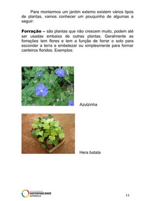 Para montarmos um jardim externo existem vários tipos
de plantas, vamos conhecer um pouquinho de algumas a
seguir:
Forração – são plantas que não crescem muito, podem até
ser usadas embaixo de outras plantas. Geralmente as
forrações tem flores e tem a função de forrar o solo para
esconder a terra e embelezar ou simplesmente para formar
canteiros floridos. Exemplos:

Azulzinha

Hera batata

11

 
