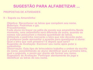 SUGESTÃO PARA ALFABETIZAR ... PROPOSTAS DE ATIVIDADES 9 – Sapata ou Amarelinha: Objetivo: Reconhecer as letras que compõem seu nome. Materiais: Pedrinhas e giz. Procedimentos: Cada aluno irá traçar no pátio da escola sua amarelinha.Neste momento, uma amarelinha será diferente da outra, quando os nomes não possuírem a mesma quantidade de letras. Utilizando a pedrinha marcarão a letra que não deverão pular. O professor pode aproveitar a ocasião para questionar o aluno: Qual a letra que vem primeiro? E depois qual será? Sugestão de Avaliação: Escrever seu nome após pular a amarelinha. Observação: Este tipo de brincadeira trabalha a ordem da escrita do nome, possibilitando ao aluno identificar qual a primeira letra, qual a segunda, e assim por diante até formar seu nome. Sugestões de Avaliação: Participar atentamente do jogo e identificar as letras do seu nome.  
