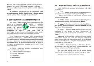 9
Ambiente, além da própria ANVISA, conforme também previsto no
decreto nº 20.738, de 13/11/01, o qual estabelece o Programa
Emergencial de Fiscalização do Lixo Hospitalar, na cidade do Rio de
Janeiro.
As penalidades aplicadas pelo seu não cumprimento podem
ser desde pequenas sanções administrativas à pesadas multas,
podendo culminar até na interdição do estabelecimento.
5. COMO CUMPRIR ESSA DETERMINAÇÃO ?
Para montar o PGRSS e assim cumprir o determinado na RDC
306/04 e na Resolução 358/05 é necessário
desenvolver, implementar e monitorar processos
(através de gráficos oriundos de resultados
alcançados). Tudo deve ser devidamente
documentado. No PGRSS deve conter, além da
identificação do estabelecimento, informações precisas sobre o
manejo dos resíduos, definindo minuciosamente os processos.
Porem, é importante lembrar que o PGRSS não é um simples
aglomerado de informações ou um básico documento, pelo contrário,
ele é dinâmico e ativo, sendo analisado e revisado constantemente.
Por isso, o plano deve ser elaborado com cautela, observando
rigorosamente todas as obrigatoriedades descritas na legislação,
em especial os indicadores dos processos que informam o status
(como está) o plano.
No PGRSS é importante entender profundamente quatro
pontos essenciais, como seguem:
(1) A distinção dos 5 níveis de resíduos;
(2) As 6 fases do manuseio;
(3) Treinamento;
(4) Monitoramento
10
5.1 A DISTINÇÃO DOS 5 NÍVEIS DE RESÍDUOS
A RDC 306/04 divide as classes de resíduos em A, B, C, D e
E, como segue:
A Resíduos que apresentem riscos à saúde pública e
ao meio ambiente devido a presença de Agentes Biológicos;
Nota: A classe “A” tem uma particularidade importante, ela se
divide em cinco subgrupos.
B Resíduos que apresentem riscos à saúde publica e
ao meio ambiente devido as suas características Química;
C Resíduos que apresentem riscos à saúde publica e ao
meio ambiente devido ser proveniente de materiais Radioativos, ou se de
alguma forma contaminados por ele.
D Resíduos comum (domestico). Essa classe, que
representa o lixo gerado no setor administrativo do
estabelecimento, pode ser desprezada normalmente – via coleta
comum *1
.
Importante: Os resíduos classe D, embora seja comum, também
merece nossa atenção, pois quando não segregados corretamente
podem involuntariamente ser misturados a resíduos de outras classes.
Nesse caso, deverão assumir a condição da classe a qual ele se associou,
e assim deve ser tratado como tal.
E Resíduos especiais, que têm em sua utilidade a
perfuração ou o corte, tais como Bisturi, Escalpo, Agulhas, Etc. Essa
classe é conhecida como “Perfuro-cortantes”.
Para cada item descrito acima há um método próprio,
específico, de tratamento, conforme veremos no artigo que segue.
*1
Desde que observada a quantidade estabelecida pela prefeitura.
 