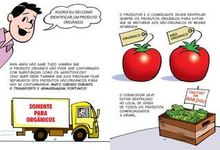30
AGORA EU SEI COMO
IDENTIFICAR UM PRODUTO
ORGÂNICO.
Mas ainda não sabe tudo. Lembra que
o produto orgânico não pode ser contaminado
com substâncias como os agrotóxicos?
Isso quer dizer também que eles precisam ficar
separados dos produtos não-orgânicos para
não se contaminarem. Muito cuidado durante
o transporte e armazenagem, portanto!
SOMENTE
PARA
ORGÂNICOS
31
O produtor e o comerciante devem identificar
sempre os produtos orgânicos para evitar
que se misturem aos não-orgânicos de mesma
aparência.
O fornecedor deve
estar identificado
no local de venda
de todos os produtos
comercializados
a granel.
ORGÂNICO NÃO
ORGÂNICO
 