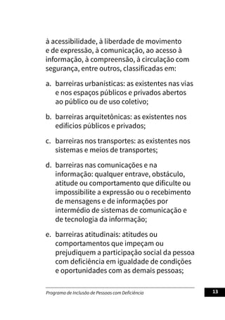 Programa de Inclusão de Pessoas com Deficiência 13
à acessibilidade, à liberdade de movimento
e de expressão, à comunicação, ao acesso à
informação, à compreensão, à circulação com
segurança, entre outros, classificadas em:
a. barreiras urbanísticas: as existentes nas vias
e nos espaços públicos e privados abertos
ao público ou de uso coletivo;
b. barreiras arquitetônicas: as existentes nos
edifícios públicos e privados;
c. barreiras nos transportes: as existentes nos
sistemas e meios de transportes;
d. barreiras nas comunicações e na
informação: qualquer entrave, obstáculo,
atitude ou comportamento que dificulte ou
impossibilite a expressão ou o recebimento
de mensagens e de informações por
intermédio de sistemas de comunicação e
de tecnologia da informação;
e. barreiras atitudinais: atitudes ou
comportamentos que impeçam ou
prejudiquem a participação social da pessoa
com deficiência em igualdade de condições
e oportunidades com as demais pessoas;
 