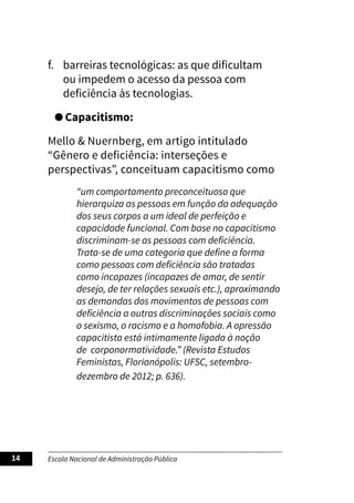 Escola Nacional de Administração Pública
14
f. barreiras tecnológicas: as que dificultam
ou impedem o acesso da pessoa com
deficiência às tecnologias.
Capacitismo:
Mello & Nuernberg, em artigo intitulado
“Gênero e deficiência: interseções e
perspectivas”, conceituam capacitismo como
“um comportamento preconceituoso que
hierarquiza as pessoas em função da adequação
dos seus corpos a um ideal de perfeição e
capacidade funcional. Com base no capacitismo
discriminam-se as pessoas com deficiência.
Trata-se de uma categoria que define a forma
como pessoas com deficiência são tratadas
como incapazes (incapazes de amar, de sentir
desejo, de ter relações sexuais etc.), aproximando
as demandas dos movimentos de pessoas com
deficiência a outras discriminações sociais como
o sexismo, o racismo e a homofobia. A opressão
capacitista está intimamente ligada à noção
de corponormatividade.” (Revista Estudos
Feministas, Florianópolis: UFSC, setembro-
dezembro de 2012; p. 636).
 