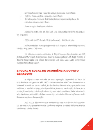 19
CARTILHA REFORMA TRIBUTÁRIA
• Serviços Financeiros – base de cálculo e alíquota específicas;
• Hotéis e Restaurantes – alíquotas específicas;
• Bens Imóveis – formato de tributação (ex.:incorporação), base de
cálculo e alíquota específicas.
Determinação da Alíquota Padrão
A alíquota padrão do IBS e da CBS será calculada pela soma das seguin-
tes alíquotas:
CBS (União) + IBS (Estado/Distrito Federal) + IBS (Município)
Assim, Estados e Municípios poderão fixar alíquotas diferentes para o IBS,
sendo a alíquota da CBS única.
Em relação a cada operação, a determinação das alíquotas do IBS
(Estadual e Municipal) dependerá do destino da operação (art. 15 da LC 214/25). O
destino da operação será o local da operação (art. 11 da LC 214/25), conforme as
regras detalhadas a seguir.
5) QUAL O LOCAL DE OCORRÊNCIA DO FATO
GERADOR?
A alíquota a ser aplicada em cada operação dependerá do local da
ocorrência do fato gerador. A EC 132/23 determinou que a Lei Complementar esta-
belecerá os critérios para a definição do destino da operação, que poderá ser,
inclusive, o local da entrega, da disponibilização ou da localização do bem, o da
prestação ou da disponibilização do serviço ou o do domicílio ou da localização do
adquirente ou destinatário do bem ou serviço, admitidas diferenciações em razão
das características da operação.
A LC 214/25 determinou que o destino da operação é o local da ocorrên-
cia da operação, que será definido conforme o tipo e o objeto do fornecimento,
conforme a tabela abaixo:
 