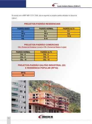14
Custo Unitário Básico (CUB/m²)
De acordo com a ABNT NBR 12721:2006, são os seguintes os projetos-padrão utilizados no cálculo do
CUB/m²:
PADRÃO BAIXO PADRÃO NORMAL PADRÃO ALTO
R-1 R-1 R-1
PP-4 PP-4 R-8
R-8 R-8 R-16
PIS R-16
PADRÃO ALTO
CAL - 8 CAL - 8
CSL - 8 CSL - 8
CSL - 16 CSL - 16
RP1Q
GI
PROJETOS-PADRÃO RESIDENCIAIS
PROJETOS-PADRÃO COMERCIAIS
CAL (Comercial Andares Livres) e CSL (Comercial Salas e Lojas)
PROJETOS-PADRÃO GALPÃO INDUSTRIAL (GI)
E RESIDÊNCIA POPULAR (RP1Q)
PADRÃO NORMAL
 