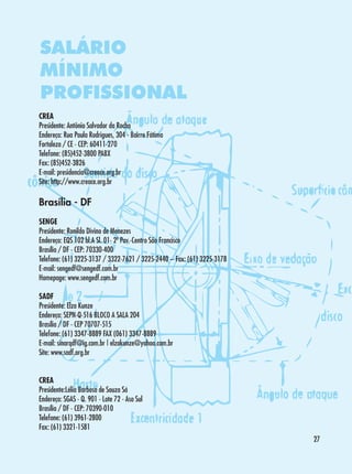 SALÁRIO
MÍNIMO
PROFISSIONAL
CREA
Presidente: Antônio Salvador da Rocha
Endereço: Rua Paula Rodrigues, 304 - Bairro Fátima
Fortaleza / CE - CEP: 60411-270
Telefone: (85)452-3800 PABX
Fax: (85)452-3826
E-mail: presidencia@creace.org.br
Site: http://www.creace.org.br

Brasília - DF
SENGE
Presidente: Ronildo Divino de Menezes
Endereço: EQS 102 bl.A Sl. 01- 2º Pav.-Centro São Francisco
Brasília / DF - CEP: 70330-400
Telefone: (61) 3225-3137 / 3322-7621 / 3225-2440 – Fax: (61) 3225-3178
E-mail: sengedf@sengedf.com.br
Homepage: www.sengedf.com.br
SADF
Presidente: Elza Kunze
Endereço: SEPN-Q-516 BLOCO A SALA 204
Brasília / DF - CEP 70707-515
Telefone: (61) 3347-8889 FAX (061) 3347-8889
E-mail: sinarqdf@ig.com.br | elzakunze@yahoo.com.br
Site: www.sadf.org.br
CREA
Presidente:Lélia Barbosa de Souza Sá
Endereço: SGAS - Q. 901 - Lote 72 - Asa Sul
Brasília / DF - CEP: 70390-010
Telefone: (61) 3961-2800
Fax: (61) 3321-1581
27

 