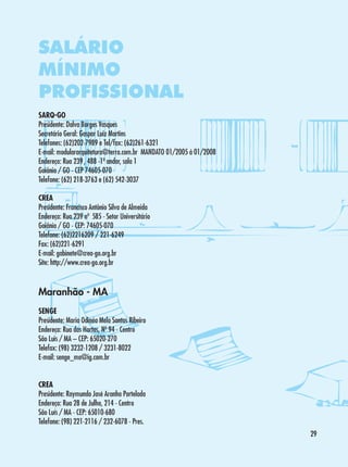 SALÁRIO
MÍNIMO
PROFISSIONAL
SARQ-GO
Presidente: Dalva Borges Vasques
Secretário Geral: Gaspar Luiz Martins
Telefones: (62)202-7989 e Tel/fax: (62)261-6321
E-mail: modulararquitetura@terra.com.br MANDATO 01/2005 à 01/2008
Endereço: Rua 239 , 488 -1º andar, sala 1
Goiânia / GO - CEP 74605-070
Telefone: (62) 218-3763 e (62) 542-3037
CREA
Presidente: Francisco Antônio Silva de Almeida
Endereço: Rua 239 nº 585 - Setor Universitário
Goiânia / GO - CEP: 74605-070
Telefone: (62)2216209 / 221-6249
Fax: (62)221-6291
E-mail: gabinete@crea-go.org.br
Site: http://www.crea-go.org.br

Maranhão - MA
SENGE
Presidente: Maria Odinéa Melo Santos Ribeiro
Endereço: Rua das Hortas, Nº 94 - Centro
São Luis / MA – CEP: 65020-270
Telefax: (98) 3232-1208 / 3231-8022
E-mail: senge_ma@ig.com.br
CREA
Presidente: Raymundo José Aranha Portelada
Endereço: Rua 28 de Julho, 214 - Centro
São Luís / MA - CEP: 65010-680
Telefone: (98) 221-2116 / 232-6078 - Pres.
29

 
