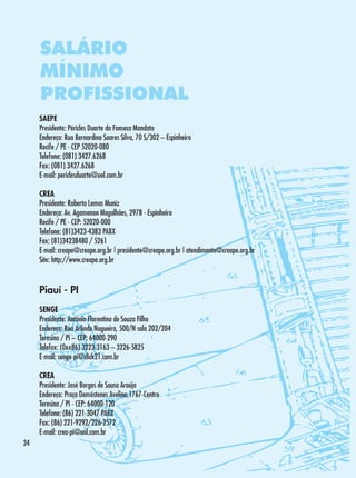 SALÁRIO
MÍNIMO
PROFISSIONAL
SAEPE
Presidente: Péricles Duarte da Fonseca Mandato
Endereço: Rua Bernardino Soares Silva, 70 S/302 – Espinheiro
Recife / PE - CEP 52020-080
Telefone: (081) 3427.6268
Fax: (081) 3427.6268
E-mail: periclesduarte@uol.com.br
CREA
Presidente: Roberto Lemos Muniz
Endereço: Av. Agamenon Magalhães, 2978 - Espinheiro
Recife / PE - CEP: 52020-000
Telefone: (81)3423-4383 PABX
Fax: (81)34238480 / 5261
E-mail: creape@creape.org.br | presidente@creape.org.br | atendimento@creape.org.br
Site: http://www.creape.org.br

Piauí - PI
SENGE
Presidente: Antônio Florentino de Souza Filho
Endereço: Rua Arlindo Nogueira, 500/N sala 202/204
Teresina / PI – CEP: 64000-290
Telefax: (0xx86) 3223-3163 – 3226-5825
E-mail: senge-pi@click21.com.br
CREA
Presidente: José Borges de Sousa Araújo
Endereço: Praça Demóstenes Avelino,1767-Centro
Teresina / PI - CEP: 64000-120
Telefone: (86) 221-3047 PABX
Fax: (86) 221-9292/226-2572
E-mail: crea-pi@uol.com.br
34

 