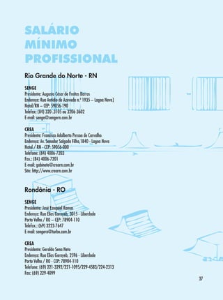 SALÁRIO
MÍNIMO
PROFISSIONAL
Rio Grande do Norte - RN
SENGE
Presidente: Augusto César de Freitas Barros
Endereço: Rua Antídio de Azevedo n.º 1935 – Lagoa Nova]
Natal/RN – CEP: 59056-190
Telefax: (84) 320-.3105 ou 3206-3602
E-mail: senge@sengern.com.br
CREA
Presidente: Francisco Adalberto Pessoa de Carvalho
Endereço: Av. Senador Salgado Filho,1840 - Lagoa Nova
Natal / RN - CEP: 59056-000
Telefone: (84) 4006-7203
Fax.: (84) 4006-7201
E-mail: gabinete@crearn.com.br
Site: http://www.crearn.com.br

Rondônia - RO
SENGE
Presidente: José Ezequiel Ramos
Endereço: Rua Elias Gorayeb, 3015 - Liberdade
Porto Velho / RO – CEP: 78904-110
Telefax.: (69) 3223-7647
E-mail: sengero@turbo.com.br
CREA
Presidente: Geraldo Sena Neto
Endereço: Rua Elias Gorayeb, 2596 - Liberdade
Porto Velho / RO - CEP: 78904-110
Telefone: (69) 221-3292/221-1095/229-4583/224-2313
Fax: (69) 229-4099

37

 