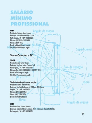 SALÁRIO
MÍNIMO
PROFISSIONAL
CREA
Presidente: Gustavo André Lange
Endereço: Rua Guilherme Alves - 1010
Porto Alegra / RS - CEP: 90680-000
Telefone: (51)3320-2100 PABX
Fax: (51)3320-2272
E-mail: gabinete@crea-rs.org.br
Site: http://www.crea-rs.org.br

Santa Catarina - SC
SENGE
Presidente: José Carlos Rauen
Endereço: Rua Dom Jaime Câmara, 248
Florianópolis / SC - CEP: 88015 120
Telefone/Fax: (48) 3222-2680 | (48) 3222-2965
E-mail: info@senge-sc.org.br
Site: http://www.senge-sc.org.br
Sindicato dos Arquitetos de Joaçaba
Presidente: Milton Walter Frantz
Endereço: Rua Getúlio Vargas nº 1220 apt. 203, Bessa
Joaçaba / SC - CEP: 89600-000
Telefone: (49) 5220-1464
Celular: (49) 9996-3636
E-mail: mwf@brturbo.com
CREA
Presidente: Raul Zucatto Fonseca
Endereço: Rodovia Admar Gonzaga, 2125 - Itacorubi - Caixa Postal 125
Florianópolis / SC - CEP: 88034-001
39

 