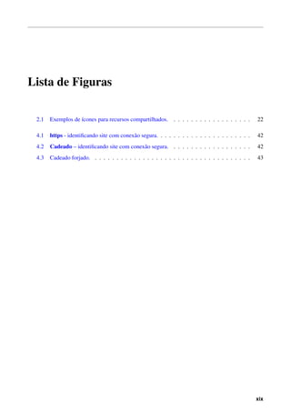 Lista de Figuras

 2.1   Exemplos de ´cones para recursos compartilhados. . . . . . . . . . . . . . . . . . .
                   ı                                                                              22

 4.1   https - identiﬁcando site com conex˜ o segura. . . . . . . . . . . . . . . . . . . . . .
                                          a                                                       42
 4.2   Cadeado – identiﬁcando site com conex˜ o segura. . . . . . . . . . . . . . . . . . .
                                            a                                                     42
 4.3   Cadeado forjado. . . . . . . . . . . . . . . . . . . . . . . . . . . . . . . . . . . . .   43




                                                                                                  xix
 