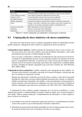 68 Cartilha de Seguranc¸a para Internet
Termo Signiﬁcado
Texto claro Informac¸˜ao leg´ıvel (original) que ser´a protegida, ou seja, que ser´a codiﬁcada
Texto codiﬁcado (cifrado) Texto ileg´ıvel, gerado pela codiﬁcac¸˜ao de um texto claro
Codiﬁcar (cifrar) Ato de transformar um texto claro em um texto codiﬁcado
Decodiﬁcar (decifrar) Ato de transformar um texto codiﬁcado em um texto claro
M´etodo criptogr´aﬁco Conjunto de programas respons´avel por codiﬁcar e decodiﬁcar informac¸˜oes
Chave Similar a uma senha, ´e utilizada como elemento secreto pelos m´etodos crip-
togr´aﬁcos. Seu tamanho ´e geralmente medido em quantidade de bits
Canal de comunicac¸˜ao Meio utilizado para a troca de informac¸˜oes
Remetente Pessoa ou servic¸o que envia a informac¸˜ao
Destinat´ario Pessoa ou servic¸o que recebe a informac¸˜ao
Tabela 9.1: Termos empregados em criptograﬁa e comunicac¸˜oes via Internet.
9.1 Criptograﬁa de chave sim´etrica e de chaves assim´etricas
De acordo com o tipo de chave usada, os m´etodos criptogr´aﬁcos podem ser subdivididos em duas
grandes categorias: criptograﬁa de chave sim´etrica e criptograﬁa de chaves assim´etricas.
Criptograﬁa de chave sim´etrica: tamb´em chamada de criptograﬁa de chave secreta ou ´unica, uti-
liza uma mesma chave tanto para codiﬁcar como para decodiﬁcar informac¸˜oes, sendo usada
principalmente para garantir a conﬁdencialidade dos dados.
Casos nos quais a informac¸˜ao ´e codiﬁcada e decodiﬁcada por uma mesma pessoa n˜ao h´a ne-
cessidade de compartilhamento da chave secreta. Entretanto, quando estas operac¸˜oes envolvem
pessoas ou equipamentos diferentes, ´e necess´ario que a chave secreta seja previamente combi-
nada por meio de um canal de comunicac¸˜ao seguro (para n˜ao comprometer a conﬁdencialidade
da chave). Exemplos de m´etodos criptogr´aﬁcos que usam chave sim´etrica s˜ao: AES, Blowﬁsh,
RC4, 3DES e IDEA.
Criptograﬁa de chaves assim´etricas: tamb´em conhecida como criptograﬁa de chave p´ublica, uti-
liza duas chaves distintas: uma p´ublica, que pode ser livremente divulgada, e uma privada, que
deve ser mantida em segredo por seu dono.
Quando uma informac¸˜ao ´e codiﬁcada com uma das chaves, somente a outra chave do par pode
decodiﬁc´a-la. Qual chave usar para codiﬁcar depende da protec¸˜ao que se deseja, se conﬁdenci-
alidade ou autenticac¸˜ao, integridade e n˜ao-rep´udio. A chave privada pode ser armazenada de di-
ferentes maneiras, como um arquivo no computador, um smartcard ou um token. Exemplos de
m´etodos criptogr´aﬁcos que usam chaves assim´etricas s˜ao: RSA, DSA, ECC e Difﬁe-Hellman.
A criptograﬁa de chave sim´etrica, quando comparada com a de chaves assim´etricas, ´e a mais
indicada para garantir a conﬁdencialidade de grandes volumes de dados, pois seu processamento ´e
mais r´apido. Todavia, quando usada para o compartilhamento de informac¸˜oes, se torna complexa e
pouco escal´avel, em virtude da:
• necessidade de um canal de comunicac¸˜ao seguro para promover o compartilhamento da chave
secreta entre as partes (o que na Internet pode ser bastante complicado) e;
• diﬁculdade de gerenciamento de grandes quantidades de chaves (imagine quantas chaves secre-
tas seriam necess´arias para vocˆe se comunicar com todos os seus amigos).
 