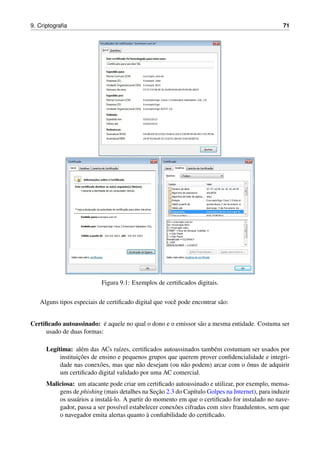 9. Criptograﬁa 71
Figura 9.1: Exemplos de certiﬁcados digitais.
Alguns tipos especiais de certiﬁcado digital que vocˆe pode encontrar s˜ao:
Certiﬁcado autoassinado: ´e aquele no qual o dono e o emissor s˜ao a mesma entidade. Costuma ser
usado de duas formas:
Leg´ıtima: al´em das ACs ra´ızes, certiﬁcados autoassinados tamb´em costumam ser usados por
instituic¸˜oes de ensino e pequenos grupos que querem prover conﬁdencialidade e integri-
dade nas conex˜oes, mas que n˜ao desejam (ou n˜ao podem) arcar com o ˆonus de adquirir
um certiﬁcado digital validado por uma AC comercial.
Maliciosa: um atacante pode criar um certiﬁcado autoassinado e utilizar, por exemplo, mensa-
gens de phishing (mais detalhes na Sec¸˜ao 2.3 do Cap´ıtulo Golpes na Internet), para induzir
os usu´arios a instal´a-lo. A partir do momento em que o certiﬁcado for instalado no nave-
gador, passa a ser poss´ıvel estabelecer conex˜oes cifradas com sites fraudulentos, sem que
o navegador emita alertas quanto `a conﬁabilidade do certiﬁcado.
 