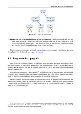 72 Cartilha de Seguranc¸a para Internet
Figura 9.2: Cadeia de certiﬁcados.
Certiﬁcado EV SSL (Extended Validation Secure Socket Layer): certiﬁcado emitido sob um pro-
cesso mais rigoroso de validac¸˜ao do solicitante. Inclui a veriﬁcac¸˜ao de que a empresa foi legal-
mente registrada, encontra-se ativa e que det´em o registro do dom´ınio para o qual o certiﬁcado
ser´a emitido, al´em de dados adicionais, como o enderec¸o f´ısico.
Dicas sobre como reconhecer certiﬁcados autoassinados e com validac¸˜ao avanc¸ada s˜ao apresenta-
dos na Sec¸˜ao 10.1 do Cap´ıtulo Uso seguro da Internet.
9.5 Programas de criptograﬁa
Para garantir a seguranc¸a das suas mensagens ´e importante usar programas leitores de e-mails
com suporte nativo a criptograﬁa (por exemplo, que implementam S/MIME - Secure/Multipurpose
Internet Mail Extensions) ou que permitam a integrac¸˜ao de outros programas e complementos es-
pec´ıﬁcos para este ﬁm.
Programas de criptograﬁa, como o GnuPG2, al´em de poderem ser integrados aos programas lei-
tores de e-mails, tamb´em podem ser usados separadamente para cifrar outros tipos de informac¸˜ao,
como os arquivos armazenados em seu computador ou em m´ıdias remov´ıveis.
Existem tamb´em programas (nativos do sistema operacional ou adquiridos separadamente) que
permitem cifrar todo o disco do computador, diret´orios de arquivos e dispositivos de armazenamento
externo (como pen-drives e discos), os quais visam preservar o sigilo das informac¸˜oes em caso de
perda ou furto do equipamento.
2http://www.gnupg.org/. O GnuPG n˜ao utiliza o conceito de certiﬁcados digitais emitidos por uma hierarquia
de autoridades certiﬁcadoras. A conﬁanc¸a nas chaves ´e estabelecida por meio do modelo conhecido como “rede de
conﬁanc¸a”, no qual prevalece a conﬁanc¸a entre cada entidade.
 