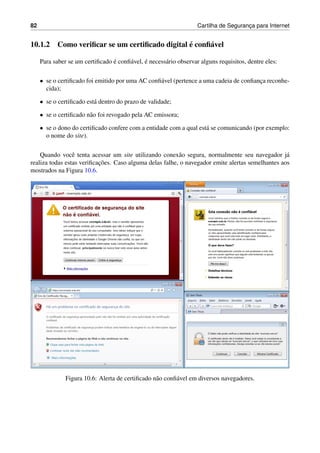 82 Cartilha de Seguranc¸a para Internet
10.1.2 Como veriﬁcar se um certiﬁcado digital ´e conﬁ´avel
Para saber se um certiﬁcado ´e conﬁ´avel, ´e necess´ario observar alguns requisitos, dentre eles:
• se o certiﬁcado foi emitido por uma AC conﬁ´avel (pertence a uma cadeia de conﬁanc¸a reconhe-
cida);
• se o certiﬁcado est´a dentro do prazo de validade;
• se o certiﬁcado n˜ao foi revogado pela AC emissora;
• se o dono do certiﬁcado confere com a entidade com a qual est´a se comunicando (por exemplo:
o nome do site).
Quando vocˆe tenta acessar um site utilizando conex˜ao segura, normalmente seu navegador j´a
realiza todas estas veriﬁcac¸˜oes. Caso alguma delas falhe, o navegador emite alertas semelhantes aos
mostrados na Figura 10.6.
Figura 10.6: Alerta de certiﬁcado n˜ao conﬁ´avel em diversos navegadores.
 
