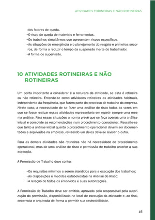 15
dos fatores de queda.
•O risco de queda de materiais e ferramentas.
•Os trabalhos simultâneos que apresentem riscos específicos.
•As situações de emergência e o planejamento do resgate e primeiros socor-
ros, de forma a reduzir o tempo da suspensão inerte do trabalhador.
•A forma de supervisão.
10	Atividades rotineiras e não
rotineiras
Um ponto importante a considerar é a natureza da atividade, se esta é rotineira
ou não rotineira. Entende-se como atividades rotineiras as atividades habituais,
independente da frequência, que fazem parte do processo de trabalho da empresa.
Neste caso, a necessidade de se fazer uma análise de risco todas as vezes em
que se fosse realizar essas atividades representaria em repetir sempre uma mes-
ma análise. Para essas situações a norma prevê que se faça apenas uma análise
inicial e consolide as recomendações num procedimento operacional. Ressalte-se
que tanto a análise inicial quanto o procedimento operacional devem ser documen-
tados e arquivados na empresa, revisando um deles deve-se revisar o outro.
Para as demais atividades não rotineiras não há necessidade de procedimento
operacional, mas de uma análise de risco e permissão de trabalho anterior a sua
execução.
A Permissão de Trabalho deve conter:
•Os requisitos mínimos a serem atendidos para a execução dos trabalhos;
•As disposições e medidas estabelecidas na Análise de Risco;
•A relação de todos os envolvidos e suas autorizações.
A Permissão de Trabalho deve ser emitida, aprovada pelo responsável pela autori-
zação da permissão, disponibilizada no local de execução da atividade e, ao final,
encerrada e arquivada de forma a permitir sua rastreabilidade.
ATIVIDADES TORINEIRAS E NÃO ROTINEIRAS
 