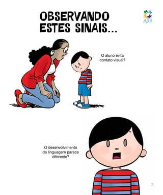 OBSERVANDO
ESTES SINAIS...
O aluno evita
contato visual?
O desenvolvimento
da linguagem parece
diferente?
7
 