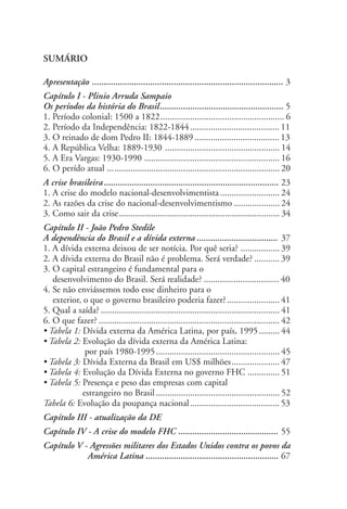 SUMÁRIO

Apresentação .................................................................................. 3
Capítulo I - Plinio Arruda Sampaio
Os períodos da história do Brasil..................................................... 5
1. Período colonial: 1500 a 1822...................................................... 6
2. Período da Independência: 1822-1844 ....................................... 11
3. O reinado de dom Pedro II: 1844-1889 ..................................... 13
4. A República Velha: 1889-1930 .................................................. 14
5. A Era Vargas: 1930-1990 ........................................................... 16
6. O perído atual ........................................................................... 20
A crise brasileira ........................................................................... 23
1. A crise do modelo nacional-desenvolvimentista .......................... 24
2. As razões da crise do nacional-desenvolvimentismo .................... 24
3. Como sair da crise ...................................................................... 34
Capítulo II - João Pedro Stedile
A dependência do Brasil e a dívida externa ................................... 37
1. A dívida externa deixou de ser notícia. Por quê seria? ................. 39
2. A dívida externa do Brasil não é problema. Será verdade? ........... 39
3. O capital estrangeiro é fundamental para o
   desenvolvimento do Brasil. Será realidade? ................................. 40
4. Se não enviássemos todo esse dinheiro para o
   exterior, o que o governo brasileiro poderia fazer? ....................... 41
5. Qual a saída? .............................................................................. 41
6. O que fazer? ............................................................................... 42
• Tabela 1: Dívida externa da América Latina, por país, 1995 ......... 44
• Tabela 2: Evolução da dívida externa da América Latina:
             por país 1980-1995 ...................................................... 45
• Tabela 3: Dívida Externa da Brasil em US$ milhões..................... 47
• Tabela 4: Evolução da Dívida Externa no governo FHC .............. 51
• Tabela 5: Presença e peso das empresas com capital
            estrangeiro no Brasil ...................................................... 52
Tabela 6: Evolução da poupança nacional ....................................... 53
Capítulo III - atualização da DE
Capítulo IV - A crise do modelo FHC ........................................... 55
Capítulo V - Agressões militares dos Estados Unidos contra os povos da
            América Latina ......................................................... 67

                                                  3
 