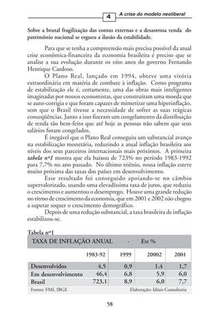 A crise do modelo neoliberal
                                   4

Sobre a brutal fragilização das contas externas e a desastrosa venda do
patrimônio nacional se ergueu a ilusão da estabilidade.
        Para que se tenha a compreensão mais precisa possível da atual
crise econômica-financeira da economia brasileira é preciso que se
analise a sua evolução durante os oito anos do governo Fernando
Henrique Cardoso.
        O Plano Real, lançado em 1994, obteve uma vitória
extraordinária em matéria de combate à inflação. Como programa
de estabilização ele é, certamente, uma das obras mais inteligentes
imaginadas por nossos economistas, que construíram uma moeda que
se auto-corrigia e que foram capazes de mimetizar uma hiperinflação,
sem que o Brasil tivesse a necessidade de sofrer as suas trágicas
conseqüências. Junto a isso fizeram um congelamento da distribuição
de renda tão bem-feito que até hoje as pessoas não sabem que seus
salários foram congelados.
        É inegável que o Plano Real conseguiu um substancial avanço
na estabilização monetária, reduzindo a atual inflação brasileira aos
níveis dos seus parceiros internacionais mais próximos. A primeira
tabela nº1 mostra que ela baixou de 723% no período 1983-1992
para 7,7% no ano passado. No último triênio, nossa inflação esteve
muito próxima das taxas dos países em desenvolvimento.
        Esse resultado foi conseguido apoiando-se no câmbio
supervalorizado, usando uma elevadíssima taxa de juros, que reduziu
o crescimento e aumentou o desemprego. Houve uma grande redução
no ritmo de crescimento da economia, que em 2001 e 2002 não chegou
a superar sequer o crescimento demográfico.
        Depois de uma redução substancial, a taxa brasileira de inflação
estabilizou-se.

Tabela nº1
 TAXA DE INFLAÇÃO ANUAL                    -        EM %

                         1983-92        1999            20002         2001

 Desenvolvidos                4,5         0,9               1,4         1,7
 Em desenvolvimento          46,4         6,8               5,9         6,0
 Brasil                     723,1         8,9                6,0        7,7
 Fontes: FMI, IBGE                             Elaboração: Idéais Consultoria


                                   58
 
