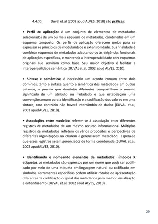 29
4.4.10. Duval et.al (2002 apud ALVES, 2010) são práticas:
• Perfil de aplicação: é um conjunto de elementos de metadados
selecionados de um ou mais esquema de metadados, combinados em um
esquema composto. Os perfis de aplicação oferecem meios para se
expressar os princípios de modularidade e extensibilidade. Sua finalidade é
combinar esquemas de metadados adaptando-os às exigências funcionais
de aplicações específicas, e mantendo a interoperabilidade com esquemas
originais que serviram como base. Seu maior objetivo é facilitar a
interoperabilidade semântica (DUVAL et.al, 2002 apud ALVES, 2010).
• Sintaxe e semântica: é necessário um acordo comum entre dois
domínios, tanto a sintaxe quanto a semântica dos metadados. Em outras
palavras, é preciso que domínios diferentes compartilhem o mesmo
significado de um atributo ou metadado e que estabeleçam uma
convenção comum para a identificação e a codificação dos valores em uma
sintaxe, caso contrário não haverá intercâmbio de dados (DUVAL et.al,
2002 apud ALVES, 2010).
• Associações entre modelos: referem-se à associação entre diferentes
registros de metadados de um mesmo recurso informacional. Múltiplos
registros de metadados refletem os vários propósitos e perspectivas de
diferentes organizações ao criarem e gerenciarem metadados. Espera-se
que esses registros sejam gerenciados de forma coordenada (DUVAL et.al,
2002 apud ALVES, 2010).
• Identificando e nomeando elementos de metadados: símbolos X
etiquetas: os metadados são expressos por um nome que pode ser codifi-
cado por meio de uma etiqueta em linguagem natural ou codificado em
símbolos. Ferramentas específicas podem utilizar rótulos de apresentação
diferentes da codificação original dos metadados para melhor visualização
e entendimento (DUVAL et.al, 2002 apud ALVES, 2010).
 