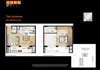 APARTAMENTO - LOFT
73m2
privativos
Até 149m2
área total
Planta com sugestões de decoração. Os revestimentos a serem utilizados na construção estão especiﬁcados no Memorial Descritivo.
Os móveis têm dimensões comerciais. Objetos de decoração, pisos, rodapés, louças, metais, molduras, sancas de gesso e pontos de
iluminação são sugestões de decoração. As medidas são internas e de face a face das paredes. Planta ilustrativa e sem escala.
MATE
RIAL
PRO
V
I S Ó R I
O
 