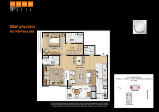 APARTAMENTO - 1 SUÍTE, OPÇÃO SALA AMPLIADA
82m2
privativos
Até 148m2
área total
Planta com sugestões de decoração. Os revestimentos a serem utilizados na construção estão especiﬁcados no Memorial Descritivo.
Os móveis têm dimensões comerciais. Objetos de decoração, pisos, rodapés, louças, metais, molduras, sancas de gesso e pontos de
iluminação são sugestões de decoração. As medidas são internas e de face a face das paredes. Planta ilustrativa e sem escala.
MATE
RIAL
PRO
V
I S Ó R I
O
 