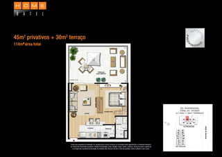 APARTAMENTO STUDIO COM TERRAÇO (EXCLUSIVO UNIDADE 204)
45m2
privativos + 30m2
terraço
114m2
área total
Planta com sugestões de decoração. Os revestimentos a serem utilizados na construção estão especiﬁcados no Memorial Descritivo.
Os móveis têm dimensões comerciais. Objetos de decoração, pisos, rodapés, louças, metais, molduras, sancas de gesso e pontos de
iluminação são sugestões de decoração. As medidas são internas e de face a face das paredes. Planta ilustrativa e sem escala.
MATE
RIAL
PRO
V
I S Ó R I
O
 