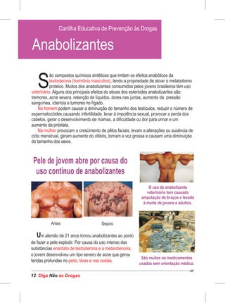 Diga às DrogasNão12
ão compostos químicos sintéticos que imitam os efeitos anabólicos da
Stestosterona (hormônio masculino), tendo a propriedade de ativar o metabolismo
protéico. Muitos dos anabolizantes consumidos pelos jovens brasileiros têm uso
veterinário. Alguns dos principais efeitos do abuso dos esteróides anabolizantes são:
tremores, acne severa, retenção de líquidos, dores nas juntas, aumento da pressão
sanguínea, icterícia e tumores no fígado.
No homem podem causar a diminuição do tamanho dos testículos, reduzir o número de
espermatozóides causando infertilidade, levar à impotência sexual, provocar a perda dos
cabelos, gerar o desenvolvimento de mamas, a dificuldade ou dor para urinar e um
aumento da próstata.
Na mulher provocam o crescimento de pêlos faciais, levam a alterações ou ausência de
ciclo menstrual, geram aumento do clitóris, tornam a voz grossa e causam uma diminuição
do tamanho dos seios.
Um alemão de 21 anos tomou anabolizantes ao ponto
de fazer a pele explodir. Por causa do uso intenso das
substâncias ,enantato de testosterona e a metandienona
o jovem desenvolveu um tipo severo de acne que gerou
feridas profundas no peito, tórax e nas costas.
Pele de jovem abre por causa do
uso contínuo de anabolizantes
Antes Depois
Cartilha Educativa de Prevenção às Drogas
Anabolizantes
O uso de anabolizante
veterinário tem causado
amputação de braços e levado
à morte de jovens e adultos.
São muitos os medicamentos
usados sem orientação médica.
 