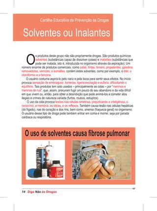 Diga às DrogasNão14
s produtos deste grupo não são propriamente drogas. São produtos químicos
Osolventes inalantes(substâncias capaz de dissolver coisas) e (substâncias que
pode ser inalada, isto é, introduzida no organismo através da aspiração). Um
número enorme de produtos comerciais, como colas, tintas, tinners, propelentes, gasolina,
removedores, vernizes, e esmaltes, éter, ocontém estes solventes, como por exemplo, o
clorofórmio e a benzina.
O usuário costuma aspirá-lo pelo nariz e pela boca para sentir seus efeitos. No início
provoca sensação de embriaguez, tonteiras, ligeira excitação e euforia, dificultando o
equilíbrio meninos e. Tais produtos tem sido usados – principalmente as colas – por “
meninas de rua”, que, assim, procuram fugir um pouco do seu abandono e da vida difícil
em que vivem ou, então, para obter a desinibição que pode animá-los a cometer atos
ilegais e crimes de natureza variada (furtos, roubos, estupros).
O uso da cola provoca lesões nas células cerebrais, prejudicando a inteligência, o
raciocínio, a memória, as idéias, e os reflexos. Também causa lesão nas células hepáticas
(do fígado), nas do coração e dos rins, bem como, anemia (fraqueza geral) no organismo.
O usuário desse tipo de droga pode também entrar em coma e morrer, seja por parada
cardíaca ou respiratória.
Cartilha Educativa de Prevenção às Drogas
Solventes ou Inalantes
O uso de solventes causa fibrose pulmonar
 