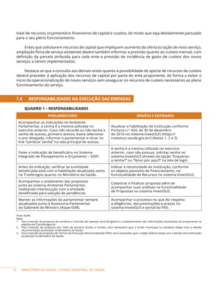 MINISTÉRIO DA SAÚDE | FUNDO NACIONAL DE SAÚDE
total de recursos orçamentário financeiros de capital e custeio, de modo que seja devidamente pactuado
para o seu pleno funcionamento.
Entes que solicitarem recursos de capital que impliquem aumento da oferta (criação de novo serviço,
ampliação física de serviço existente) devem também informar a previsão quanto ao custeio mensal, com
definição da parcela atribuída para cada ente e previsão de incidência de gasto de custeio dos novos
serviços a serem implementados.
Destaca-se que a consulta aos demais entes quanto à possibilidade de aporte de recursos de custeio
deverá preceder á aplicação dos recursos de capital por parte do ente proponente, de forma a evitar o
início da operacionalização de novos serviços sem assegurar os recursos de custeio necessários ao pleno
funcionamento do serviço.
1.4 RESPONSABILIDADES NA EXECUÇÃO DAS EMENDAS
QUADRO 1 – RESPONSABILIDADES
PARLAMENTARES ÓRGÃOS E ENTIDADES
Acompanhar as indicações no Ambiente
Parlamentar, a senha é a mesma utilizada no
exercício anterior. Caso não recorde ou não tenha a
senha de acesso, primeiro acesso, basta selecionar
o ano desejado, informar o parlamentar e clicar no
link “Lembrar Senha” na tela principal de acesso.
Atualizar a habilitação da instituição conforme
Portaria n.º 424, de 30 de dezembro
de 2016 no sistema InvestSUS (https://
investsus.saude.gov.br/) (Notas 1, 2 e 3)
Fazer a indicação de beneficiário no Sistema
Integrado de Planejamento e Orçamento – SIOP.
A senha é a mesma utilizada no exercício
anterior, caso não possua, solicitar senha no
sistema InvestSUS através da opção “Esqueceu
a senha?” ou “Novo por aqui?” na tela de login.
Antes da indicação, verificar se a entidade
beneficiada está com a habilitação atualizada, tanto
na Trasferegov quanto no Ministério da Saúde.
Indicar a necessidade da instituição, conforme
os objetos passíveis de financiamento, na
funcionalidade de Recursos no sistema InvestSUS.
Acompanhar o andamento das propostas
junto ao sistema Ambiente Parlamentar,
realizando interlocução com a entidade
beneficiada para solução de pendências.
Cadastrar e finalizar proposta além de
acompanhar suas análises na funcionalidade
de Propostas no sistema InvestSUS.
Manter as informações do parlamentar sempre
atualizadas junto à Assessoria Parlamentar
do Gabinete do Ministro (Aspar/GM).
Acompanhar o processo no que diz respeito
a diligências, documentações e prazos no
sistema InvestSUS e portal do FNS.
Fonte: SE/MS.
Notas:
1. Para inserção de proposta de convênio e contrato de repasse, será obrigatório o cadastramento das informações atualizadas do proponente na
plataforma Transferegov.br.
2. Para inserção de proposta por meio de portaria (fundo a fundo), será necessário que o fundo municipal ou estadual esteja com a devida
documentação atualizada no Ministério da Saúde.
3. Para inserção de proposta de Termos de Execução Descentralizada (TED), será necessário que o órgão federal esteja com a devida documentação
atualizada no Ministério da Saúde.
14
 