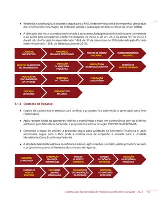 Cartilha para Apresentação de Propostas ao Ministério da Saúde – 2023
◆ Recebida a autorização, o processo segue para o FNS, onde é emitida nota de empenho; celebração
do convênio (documentação da entidade válida) e publicação no Diário Oficial da União (DOU).
◆ A liberação dos recursos está condicionada à apresentação do processo licitatório pelo convenente
e ao aceite pelo concedente, conforme disposto no inciso II, do art. 41, e na alínea “e”, do inciso I,
do art. 66 , da Portaria Interministerial n.° 424, de 30 de dezembro de 2016 (alterada pela Portaria
Interministerial n.° 558, de 10 de outubro de 2019).
CADASTRO
DAPROPOSTA
APRECIAÇÃO
PELAÁREARESPONSÁVEL
PARECERDEMÉRITO
FAVORÁVEL
PARECERECONÔMICO
FAVORÁVEL
VALIDAÇÃO
DASECRETARIA
FINALÍSTICA
EMISSÃODE
NOTADEEMPENHO
VALIDAÇÃODE
DOCUMENTAÇÃO
DAENTIDADE
CELEBRAÇÃO
DOCONVÊNIO
REGISTRODAPROPOSTA
NOTRANSFEREGOV
VALIDAÇÃODA
SECRETARIA-EXECUTIVA
PUBLICAÇÃO
DOCONVÊNIO
PROCESSO
LICITATÓRIO
LIBERAÇÃODOS
RECURSOS
7.1.3 Contrato de Repasse
◆ Depois de cadastrada e enviada para análise, a proposta fica submetida à apreciação pela área
responsável.
◆ Após receber todos os pareceres (mérito e econômico) e estar em consonância com os critérios
adotados pelo Ministério da Saúde, a proposta fica com a situação PROPOSTA APROVADA.
◆ Cumprida a etapa de análise, a proposta segue para validação da Secretaria Finalística e, após
autorizada, segue para o FNS, onde é emitida nota de empenho e enviada para a Unidade
Mandatária (Caixa Econômica Federal).
◆ A Unidade Mandatária (Caixa Econômica Federal), após receber o crédito, adota providências com
o proponente quanto à firmatura do contrato de repasse.
CADASTRO
DAPROPOSTA
APRECIAÇÃO
PELAÁREA
RESPONSÁVEL
PARECER
FAVORÁVEL
PUBLICAÇÃO
DAPORTARIA
AUTUAÇÃO
PELAÁREA
FINALÍSTICA
PROVIDÊNCIADE
EMPENHOPELOFNS
PROGRAMAÇÃO
DOPAGAMENTO
ABERTURADE
CONTABANCÁRIA
LIBERAÇÃO
DERECURSOS
CADASTRO
DAPROPOSTA
APRECIAÇÃO
PELAÁREARESPONSÁVEL
PARECERDEMÉRITO
FAVORÁVEL
PARECERECONÔMICO
FAVORÁVEL
CADASTRO
DAPROPOSTA
APRECIAÇÃO
PELAÁREA
RESPONSÁVEL
VALIDAÇÃO
DASECRETARIA
FINALÍSTICA
PARECER
DEMÉRITO
FAVORÁVEL
PARECER
ECONÔMICO
FAVORÁVEL
CADASTRO
DAPROPOSTA
APRECIAÇÃO
PELAÁREA
RESPONSÁVEL
EFETIVAÇÃO
DOTED
VALIDAÇÃO
DASECRETARIA
FINALÍSTICA
PARECER
DEMÉRITO
FAVORÁVEL
PARECER
ECONÔMICO
FAVORÁVEL
EMISSÃODE
NOTADE
EMPENHO
ENVIOPARA
UNIDADE
MANDATÁRIA
FIRMATURA
DOCONTRATO
DEREPASSE
VALIDAÇÃODE
DOCUMENTAÇÃO
DAENTIDADE
VALIDAÇÃO
DASECRETARIA
FINALÍSTICA
EMISSÃODE
NOTADEEMPENHO
VALIDAÇÃODE
DOCUMENTAÇÃO
DAENTIDADE
CELEBRAÇÃO
DOCONVÊNIO
157
 