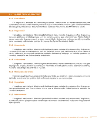 Cartilha para Apresentação de Propostas ao Ministério da Saúde – 2023
1.5 QUEM É QUEM NO PROCESSO
1.5.1 Concedente
É o órgão ou a entidade da Administração Pública Federal direta ou indireta responsável pela
transferênciadosrecursosfinanceiros,pelaverificaçãodaconformidadefinanceira,peloacompanhamento
da execução e pela avaliação do cumprimento do objeto do instrumento. Ex.: Ministério da Saúde.
1.5.2 Proponente
É o órgão ou a entidade da Administração Pública direta ou indireta, de qualquer esfera de governo,
consórcio público ou entidade privada sem fins lucrativos, com a qual a Administração Pública Federal
pactua a execução de programas, de projetos e de atividades de interesse recíproco, também entendido
como contratado no âmbito do contrato de repasse. Ex.: Fundo Municipal de Saúde.
1.5.3 Convenente
É o órgão ou a entidade da Administração Pública direta ou indireta, de qualquer esfera de governo,
consórcio público ou entidade privada sem fins lucrativos, com a qual a Administração Pública Federal
pactua a execução de programas, projetos e atividades de interesse recíproco, por meio de convênios ou
contratos de repasse. Ex.: Santa Casa de Misericórdia.
1.5.4 Contratante
É o órgão ou a entidade da Administração Pública direta ou indireta da União que pactua a execução
de programa, projeto, atividade ou evento, por intermédio de instituição financeira federal (mandatária),
mediante a celebração de contrato de repasse.
1.5.5 Mandatária da União
Instituição e agências financeiras controladas pela União que celebram e operacionalizam, em nome
da União, os instrumentos jurídicos de transferência de recurso aos convenentes.
1.5.6 Contratado
É o órgão ou a entidade da Administração Pública direta ou indireta, de qualquer esfera de governo,
bem como entidade sem fins lucrativos, com a qual a Administração Federal pactua a execução de
contrato de repasse.
1.5.7 Interveniente
É o órgão ou a entidade da Administração Pública direta ou indireta, de qualquer esfera de governo,
ou entidade privada que participa do convênio para manifestar consentimento ou assumir obrigações em
nome próprio.
15
 