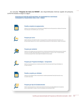 Cartilha para Apresentação de Propostas ao Ministério da Saúde – 2023
Ao consultar “Pesquisa de itens da RENEM”, são disponibilizadas diversas opções de pesquisa,
conforme listados na figura a seguir:
167
 