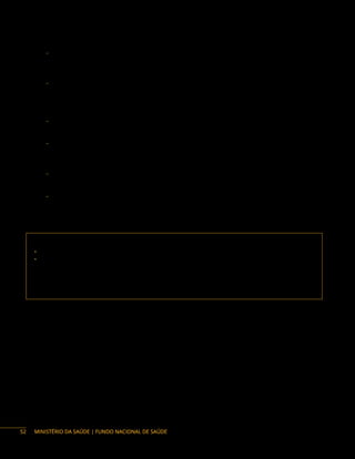 MINISTÉRIO DA SAÚDE | FUNDO NACIONAL DE SAÚDE
− Portaria Interministerial n.° 1.498, de 22 de agosto de 2002 – Recomenda às instituições de saúde
e de ensino implantarem programas de ambientes livres da exposição tabagística ambiental.
Confere certificados de honra ao mérito às instituições de saúde e de ensino que se destacarem
em campanhas para o controle do tabagismo.
− Portaria do Ministério da Saúde n.° 300, de 9 de fevereiro de 2006 – Institui o programa Ministério
da Saúde Livre do Tabaco, com a finalidade de elaborar e implementar ações educativas
destinadas a conscientizar os funcionários e os visitantes da instituição em relação aos males
provocados pelo uso do tabaco. Proíbe fumar em todas as dependências do Ministério da
Saúde, tanto as sediadas no Distrito Federal como as sediadas nos estados e nos municípios.
− Portaria do Ministério da Saúde n.° 1.083, de 12 maio de 2011 – Aprova o Regimento Interno
da Comissão Nacional para Implementação da Convenção-Quadro para o Controle do
Tabaco (Conicq).
− Portaria do Ministério da Saúde n.° 713, de 17 de abril de 2012 – Torna pública a Resolução
n.° 1, de 15 de dezembro de 2011, que estabelece as diretrizes éticas aplicáveis aos membros
da Comissão Nacional para Implementação da Convenção-Quadro para o Controle do Tabaco
e de seus Protocolos (Conicq), na forma do anexo.
− Portaria do Ministério da Saúde n.° 571, de 5 de abril de 2013 – Atualiza as diretrizes de cuidado
à pessoa tabagista no âmbito da Rede de Atenção à Saúde das Pessoas com Doenças Crônicas
do Sistema Único de Saúde e dá outras providências.
− Portaria Interministerial n.° 2.647, de 4 de dezembro de 2014 – Regulamenta as condições de
isolamento, ventilação e exaustão ao ar e medidas de proteção ao trabalhador, em relação
à exposição ao fumo nos ambientes estabelecidos no artigo 3º do Decreto n.° 2.018/1996,
alterado pelo Decreto n.° 8.262/2014.
Contato da área responsável:
• Secretaria de Atenção Primária à Saúde (Saps)
• Departamento: Departamento de Prevenção e Promoção da Saúde (Deppros)
Endereço: St. de Administração Federal Sul Q 1 - G, 4º andar – Ala Sul, Brasília/DF
CEP: 70058-900
Telefone: (61) 3315 - 6101
E-mail: cgctab@saude.gov.br
52
 