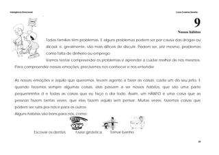 Inteligência Emocional Lúcia Cristina Zanella
20
9Nossos hábitos
Todas famílias têm problemas. E alguns problemas podem ser por causa das drogas ou
álcool; e, geralmente, são mais difíceis de discutir. Podem ser, até mesmo, problemas
como falta de dinheiro ou emprego.
Vamos tentar compreender os problemas e aprender a cuidar melhor de nós mesmos.
Para compreender nossas emoções, precisamos nos conhecer e nos entender.
As nossas emoções e aquilo que queremos, levam agente a fazer as coisas, cada um do seu jeito. E
quando fazemos sempre algumas coisas, elas passam a ser nossos hábitos, que são uma parte
pequenininha d e todas as coisas que eu faço o dia todo. Assim, um HÁBITO é uma coisa que as
pessoas fazem tantas vezes, que elas fazem aquilo sem pensar. Muitas vezes, fazemos coisas que
podem ser ruins pra nós e para os outros.
Alguns hábitos são bons para nós, como:
Escovar os dentes Fazer ginástica Tomar banho
 