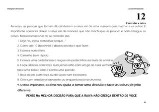 Inteligência Emocional Lúcia Cristina Zanella
28
12Controlar a raiva
Às vezes, as pessoas que tomam álcool deixam a raiva sair de uma maneira que machuca os outros. É
importante aprender deixar a raiva sair de maneira que não machuque as pessoas e nem estrague as
coisas. Maneiras bacanas de se controlar são:
1. Diga "eu estou com raiva porque..."
2. Conte até 10 (baixinho) e depois decida o que fazer.
3. Escreva num diário.
4. Caminhe bem rápido.
5. Escreva uma carta furiosa e rasgue em pedacinhos ao invés de enviá-la.
6. Faça rabiscos com força num jornal velho com um giz de cera vermelho. Depois amasse o jornal,
faça uma bola e atire-o contra uma parede.
7. Bata os pés com força ou dê socos num travesseiro.
8. Grite com o rosto no travesseiro ou enquanto está no chuveiro.
9. O mais importante: a raiva nos ajuda a tomar uma decisão e fazer as coisas de jeito
diferente.
PENSE NA MELHOR DECISÃO PARA QUE A RAIVA NÃO CRESÇA DENTRO DE VOCE
 