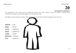 Inteligência Emocional Lúcia Cristina Zanella
42
20Encontrando os sentimentos
Os sentimentos são coisas que as pessoas sentem nos seus corpos. Feche os olhos e pense num
momento em que você já teve algum um sentimento forte.
Localize em que parte do corpo você sentiu esse sentimento. Pinte esse lugar com uma cor.
TRISTEZA – AZUL
MEDO – PRETO
CULPA – MARROM
RAIVA – VERMELHO
CIÚME – VERDE
NERVOSO – LARANJA
FELIZ – AMARELO
 