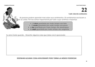 Inteligência Emocional Lúcia Cristina Zanella
46
22Lado ruim dos sentimentos
As pessoas podem aprender mais sobre seus sentimentos. Os sentimentos nos levam a
fazer as coisas. Por isso somos responsáveis por tudo o que sentimos e fazemos!
A raiva guardada por muito tempo vira fúria.
O medo guardado por muito tempo vira pavor.
A dor guardada por muito tempo vira desamparo.
A culpa guardada por muito tempo vira vergonha.
Eu sinto medo quando... Desenhe alguma coisa que deixa você apavorado:
DESENHAR ALGUMA COISA APAVORANTE PODE TORNÁ-LA MENOS PODEROSA!
 