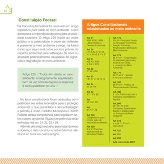 12
Artigos Constitucionais
relacionados ao meio ambiente
Art. 5º
XXIII; LXXI; LXXIII
- Dos Direitos e
Deveres Individuais
Art. 20
I; II; III; IV; V; VI; VII;
IX; X; XI e § § 1º e 2º
Art. 21
XIX; XX; XXIII
a, b e c; XXV
Art. 22
IV; XII; XXVI
Art. 23
I;III; IV; VI; VII; IX; XI
Art. 24
VI; VII; VIII
Art. 43
§ 2º, IV e §3º
Art.
49: XIV; XVI
Art.
91: § 1º, III
Art. 103
Competência para
propor ação de
inconstitucionalidade;
Art. 129
III e VI - Funções
institucionais do
Ministério Público;
Art. 170
III e VI - Princípios Gerais
da Atividade Econômica,
Função Social da
Propriedade e Defesa do
Meio Ambiente.
Art. 174
§§ 3º e 4º - Organização
da atividade garimpeira,
levando em conta
a proteção do Meio
Ambiente;
Art. 176
§§ 1º ao 4º - Jazidas
e recursos minerais;
Art. 182
§§ 2º e 4º - Política de
Desenvolvimento Urbano;
Art. 186
II - Da Política Agrícola e
Fundiária e da Reforma
Agrária;
Art. 200
VII; VIII - IV e VIII.
Da Saúde, Saneamento
Básico e Colaboração
na Proteção do Meio
Ambiente.
Art. 216
V e §§ 1º, 3º e 4º -
Da Cultura
Art. 225
Art. 231
Art. 232
Arts. 43 e 44 do ADCT
Constituição Federal
Na Constituição Federal foi reservado um artigo
específico para tratar do meio ambiente, o que
demonstra a importância do tema para a socie-
dade brasileira. O artigo 225 impõe ao poder
público e à coletividade o dever de defender
e preservar o meio ambiente e exige, na forma
da lei, que sejam realizados estudos prévios de
impacto ambiental para instalação de obra ou
atividade potencialmente causadora de signifi-
cativa degradação do meio ambiente.
No texto constitucional foram atribuídas com-
petências aos entes federados para a proteção
ambiental, o que possibilitou a descentralização
e permitiu à União, Estados, Municípios e Distrito
Federal ampla competência para legislarem so-
bre matéria ambiental. Essas competências estão
definidas nos art. 21, 22, 23 e 24.
Além de um artigo exclusivo para tratar do meio
ambiente, o texto constitucional também faz refe-
rência ao tema em outros artigos.
Artigo 225 - “Todos têm direito ao meio
ambiente ecologicamente equilibrado,
bem de uso comum do povo e essencial
à sadia qualidade de vida...”
 