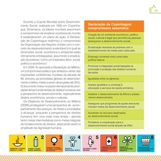 23
Declaração de Copenhague:
compromissos assumidos
Criação de um ambiente econômico, político,
social, cultural e legal que permitirá às pessoas
alcançarem o desenvolvimento social;
Erradicação absoluta da pobreza com o
estabelecimento de metas para cada país;
Emprego universal como uma meta
política básica;
Promover a integração social baseada na
promoção e proteção dos direitos humanos
de todos;
Igualdade entre os gêneros;
Acesso igualitário e universal à
educação e serviços de saúde primários;
Acelerar o desenvolvimento da África e países
menos desenvolvidos;
Assegurar que programas de ajuste estrutural
incluam metas de desenvolvimento social;
Aumentar os recursos destinados
ao desenvolvimento social;
Fortalecer a cooperação para o
desenvolvimento social através da ONU.
Durante a Cúpula Mundial sobre Desenvolvi-
mento Social, realizada em 1995 em Copenha-
gue, Dinamarca, os líderes mundiais assumiram
o compromisso de erradicar a pobreza do mundo
e estabeleceram um plano de ação. A Declara-
ção de Copenhague reafirmou o compromisso
da Organização das Nações Unidas com o con-
ceito de desenvolvimento sustentável (no qual as
dimensões social, econômica e ambiental estão
intimamente entrelaçadas), assumindo a erradica-
ção da pobreza “como um imperativo ético, social,
político e econômico”.
Em 2000, foi aprovada a Declaração do Milênio,
um compromisso político que sintetizou várias das
importantes conferências mundiais da década de
90, articulou as prioridades globais de desenvolvi-
mento e definiu metas a serem alcançadas até 2015.
O documento incluiu na pauta internacional de priori-
dades temas fundamentais de direitos humanos sob
a perspectiva do desenvolvimento, especialmente
direitos econômicos, sociais e culturais.
Os Objetivos de Desenvolvimento do Milênio
(ODM) privilegiaram uma perspectiva de acom-
panhamento dos avanços, de metas e prioridades
a alcançar, enquanto a perspectiva de direitos
humanos tem uma visão mais ampla – aborda
tanto metas intermediárias como metas integrais
de fortalecimento de direitos, abarcando assim a
amplitude da dignidade humana.
 