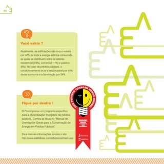 66
Você sabia ?
Atualmente, as edificações são responsáveis
por 42% de toda a energia elétrica consumida,
as quais se distribuem entre os setores
residencial (23%), comercial (11%) e público
(8%). No caso de prédios públicos, o
condicionamento de ar é responsável por 48%
desse consumo e a iluminação por 24%.
Fique por dentro !
O Procel possui um programa específico
para a eficientização energética de prédios
públicos. Confira as dicas no “Manual de
Orientações Gerais para a Conservação de
Energia em Prédios Públicos”.
Para maiores informações acesse o site:
http://www.eletrobras.com/elb/procel/main.asp
 