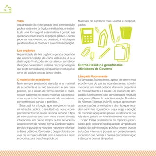 74
Vidro
A quantidade de vidro gerado pela administração
pública varia entre os órgãos e instituições, entretan-
to, de uma forma geral, esse material é gerado em
quantidade muito inferior ao papel e plástico. O vidro
pode ser reaproveitado ou destinado à reciclagem
para tanto deve-se observar a sua correta separação.
Lixo orgânico
A quantidade de lixo orgânico gerada depende
das especificidades de cada instituição. A sua
destinação final pode ser os aterros sanitários
da região ou ainda um sistema de compostagem
que pode ser realizado por qualquer instituição e
servir de adubo para as áreas verdes.
O material de expediente
Nem sempre prestamos atenção se o material
de expediente é de fato necessário e em caso
positivo, se é usado de forma racional. E mais,
sequer sabemos se esses materiais são produ-
zidos a partir de fontes naturais não renováveis,
como minerais, carvão e petróleo.
Seja qual for a função que exerçamos na ad-
ministração pública, o resultado do nosso com-
prometimento com o uso racional de todo o tipo
de bem público será bem visto e com certeza
influenciará, em pouco tempo, outros servidores
a procederem da mesma forma. Combater o des-
perdício é poupar os recursos naturais e valorizar
os bens públicos. Combater o desperdício é con-
viver de forma equilibrada com a natureza e fazer
economia para os cofres públicos.
Materiais de escritório mais usados e desperdi-
çados:
Outros Resíduos gerados nas
Atividades de Governo
Lâmpada fluorescente
As lâmpadas fluorescentes, apesar de serem mais
econômicas do que as incandescentes, contêm
mercúrio, um metal pesado altamente prejudicial
ao meio ambiente e à saúde. Os resíduos de lâm-
padas fluorescentes são considerados resíduos
perigosos (Classe I) pela Associação Brasileira
de Normas Técnicas (ABNT) porque apresentam
concentrações de mercúrio e chumbo que exce-
dem os limites regulatórios, o que exige a adoção
de medidas adequadas para o seu descarte que
não deve, jamais, ser feito diretamente nas lixeiras.
Como forma de minimizar os impactos provo-
cados pelo descarte inadequado de lâmpadas os
órgãos da administração pública devem buscar
soluções internas e possuir um gerenciamento
específico que permita a correta descontaminação
e descarte dessas lâmpadas.
 