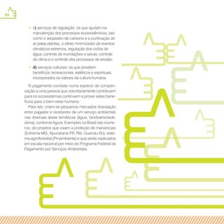 84
• c) serviços de regulação: os que ajudam na
manutenção dos processos ecossistêmicos, tais
como o seqüestro de carbono e a purificação do
ar pelas plantas, o efeito minimizador de eventos
climáticos extremos, regulação dos ciclos de
água, controle de inundações e secas, controle
do clima e o controle dos processos de erosão;
• d) serviços culturais: os que provêem
benefícios recreacionais, estéticos e espirituais,
incorporados os valores da cultura humana.
O pagamento consiste numa espécie de compen-
sação a uma pessoa que voluntariamente contribuem
para os ecossistemas continuem a prover estes bene-
fícios para o bem estar humano.
Para isto, criam-se pequenos mercados (transação
entre pagador e recebedor de um serviço ambiental)
nas diversas áreas temáticas (água, biodiversidade,
clima), conforme figura. Exemplos no Brasil são inúme-
ros, de projetos que visam a proteção de mananciais
(Extrema-MG, Apucarana-PR, Rib. Guandu-RJ), siste-
ma agroflorestal (Proambiente) e que serão replicados
em escala nacional por meio do Programa Federal de
Pagamento por Serviços Ambientais.
 