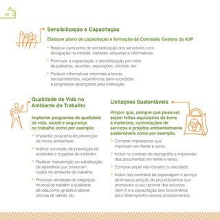 94
Licitações Sustentáveis
Propor que, sempre que possível,
sejam feitas aquisições de bens
e materiais; contratações de
serviços e projetos ambientalmente
sustentáveis como por exemplo:
•	Comprar impressoras que
imprimam em frente e verso;
•	Incluir no contrato de reprografia a impressão
dos documentos em frente e verso;
•	Comprar papel não-clorado ou reciclado;
•	Incluir nos contratos de copeiragem e serviço
de limpeza adoção de procedimentos que
promovam o uso racional dos recursos
(item I) e a capacitação dos funcionários
para desempenho desses procedimentos.
Qualidade de Vida no
Ambiente de Trabalho
Implantar programas de qualidade
de vida, saúde e segurança
no trabalho como por exemplo:
•	Implantar programa de prevenção
de riscos ambientais;
•	Instituir comissão de prevenção de
acidentes e brigadas de incêndio;
•	Realizar manutenção ou substituição
de aparelhos que provocam
ruídos no ambiente de trabalho;
•	Promover atividades de integração
no local de trabalho e qualidade
de vida como: ginástica laboral,
oficinas de talento, etc.
Sensibilização e Capacitação
Elaborar plano de capacitação e formação da Comissão Gestora da A3P
•	Realizar campanha de sensibilização dos servidores com
divulgação na intranet, cartazes, etiquetas e informativos;
•	Promover a capacitação e sensibilização por meio
de palestras, reuniões, exposições, oficinas, etc;
•	Produzir informativos referentes a temas
socioambientais, experiências bem-sucedidas
e progressos alcançados pela instituição.
 