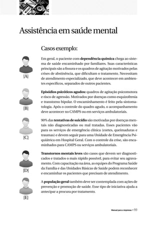 Assistência em saúde mental

       Casos exemplo:
       Em geral, o paciente com dependência química chega ao siste-
       ma de saúde encaminhado por familiares. Suas características
       principais são a fissura e os quadros de agitação motivados pelas
       crises de abstinência, que dificultam o tratamento. Necessitam
 [A]   de atendimento especializado, que deve acontecer em ambien-
       tes específicos, separados de outros pacientes.

       Episódios psicóticos agudos: quadros de agitação psicomotora
       e risco de agressão. Motivados por doenças como esquizofrenia
       e transtorno bipolar. O encaminhamento é feito pela sintoma-
       tologia. Após o controle do quadro agudo, o acompanhamento
 [B]
       deve acontecer no CAMPS ou em serviços ambulatoriais.

       90% das tentativas de suicídio são motivadas por doenças men-
       tais não diagnosticadas ou mal tratadas. Esses pacientes vão
       para os serviços de emergência clínica (cortes, queimaduras e
       traumas) e devem seguir para uma Unidade de Emergência Psi-
 [C]   quiátrica em Hospital Geral. Com o controle da crise, são enca-
       minhados para CAMPS ou serviços ambulatoriais.

       Transtornos mentais leves são casos que devem ser diagnosti-
       cados e tratados o mais rápido possível, para evitar seu agrava-
       mento. Com capacitação na área, as equipes do Programa Saúde
       da Família e das Unidades Básicas de Saúde podem reconhecer
[D]
       e encaminhar os pacientes que precisam de atendimento.

       A população geral também deve ser contemplada com ações de
       prevenção e promoção de saúde. Esse tipo de iniciativa ajuda a
       antecipar a procura por tratamento.
 [E]

                                                      Manual para a imprensa   « 93
 