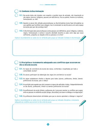 Dimensão 1 | Ambiente educativo




      4. Combate à discriminação

      4.1. Na escola todos são tratados com respeito e mantêm laços de amizade, não importando se
           são negros, brancos, indígenas, pessoas com deficiência, ricos ou pobres, homens ou mulheres,
           homossexuais ou não?

      4.2. Quando os alunos têm atitudes preconceituosas ou discriminatórias (como fazer brincadeiras ou
           usar apelidos que humilham seus colegas), isso é conversado na sala de aula ou em outro espaço
           da escola para que não aconteça mais?

      4.3. A discriminação (atos preconceituosos contra pessoas com deficiência, povos indígenas, mulheres,
           negros, homossexuais e outros) é assunto abordado durante as aulas como algo que causa
           sofrimento, prejudica as relações entre as pessoas e é crime?
Explicar resumidamente as razões da cor atribuída pelo grupo ao indicador Combate à discriminação.




      5. Disciplina e tratamento adequado aos conflitos que ocorrem no
      dia-a-dia da escola

      5.1. As regras de convivência da escola são claras, conhecidas e respeitadas por toda a
           comunidade escolar?

      5.2. Os alunos participam da elaboração das regras de convivência na escola?

      5.3. As regras estabelecem direitos e deveres para todos (alunos, professores, diretor, demais
           profissionais da escola, pais e mães)?

      5.4. As punições para aqueles que não cumprem as regras são aplicadas a todos, independentemente
           se são alunos, professores, diretor ou demais profissionais da escola?

      5.5. Os profissionais da escola (diretor, professores etc.) procuram resolver os conflitos que surgem
           entre as pessoas no ambiente escolar (brigas, discussões) com base no diálogo e na negociação?

      5.6. Os professores desenvolvem atividades para que os alunos aprendam a dialogar e negociar?

Explicar resumidamente as razões da cor atribuída pelo grupo ao indicador Disciplina e tratamento
adequado aos conflitos que ocorrem no dia-a-dia da escola.




                                                    23
 